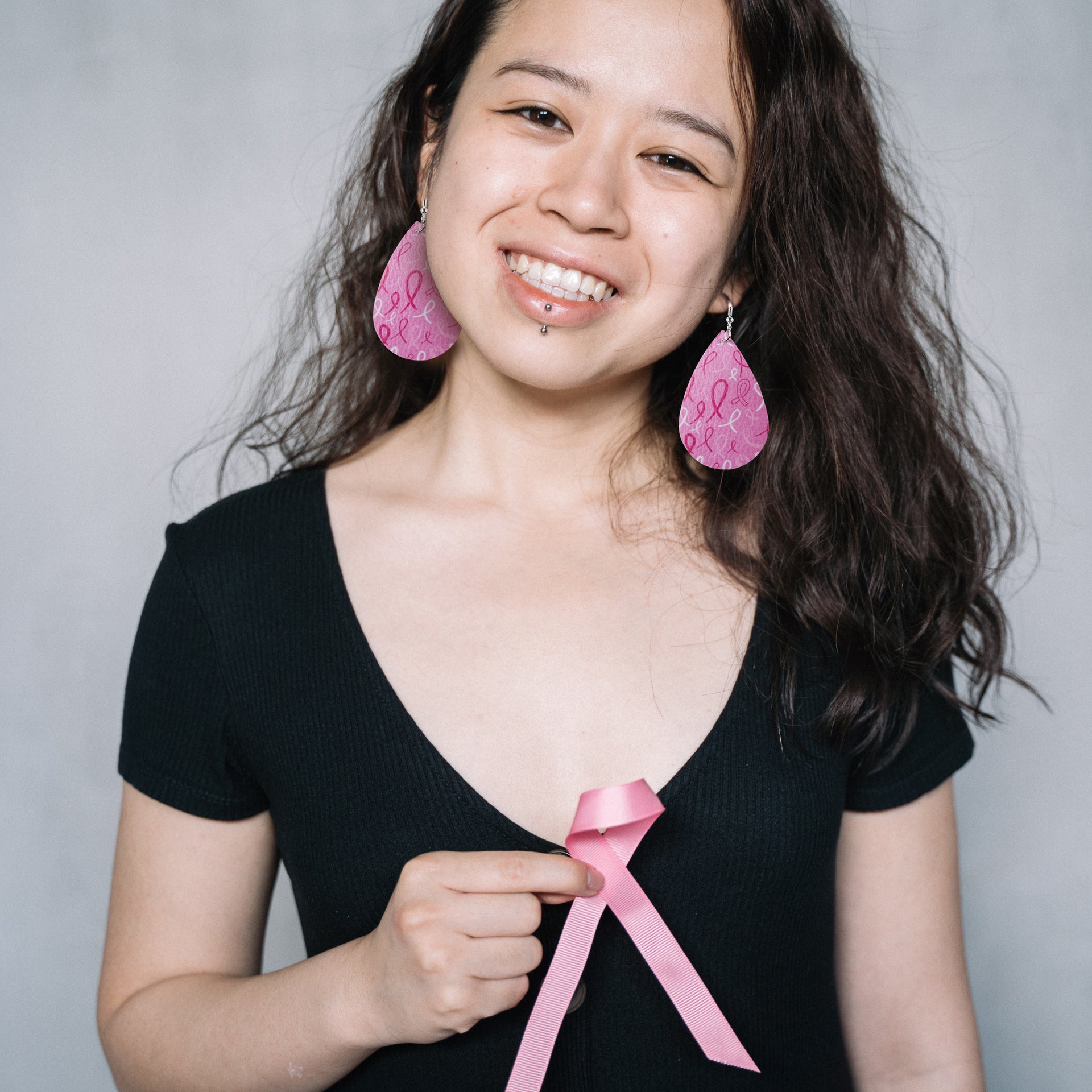 Wholesale  16 Pair Pink Ribbon Faux Leather Drop Earrings Women Breast Pendant Earrings